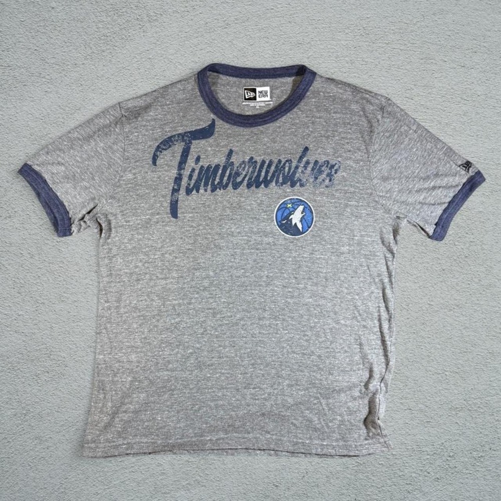 New Era Minnesota Timberwolves NBA Gray Ringer T-Shirt Mens XL Blue Script Logo
